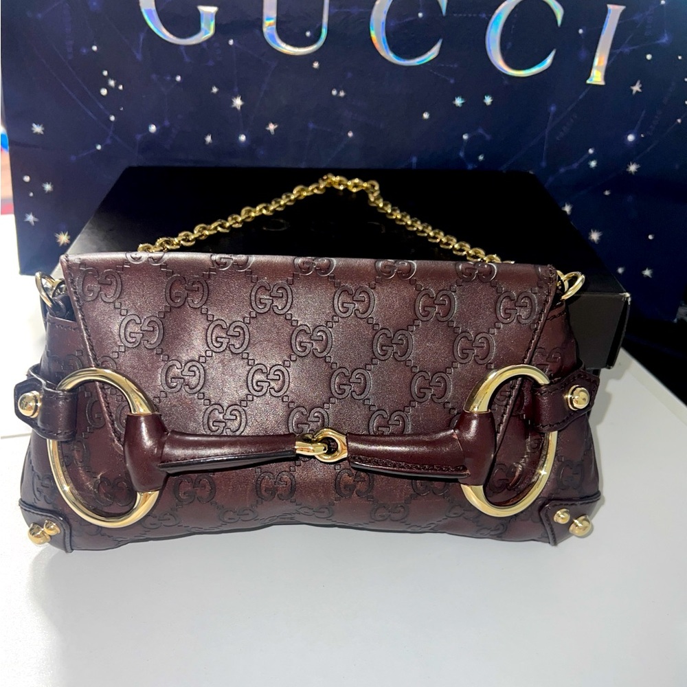 Authentic GUCCI Guccissima Horsebit Chain Clutch in Chocolate